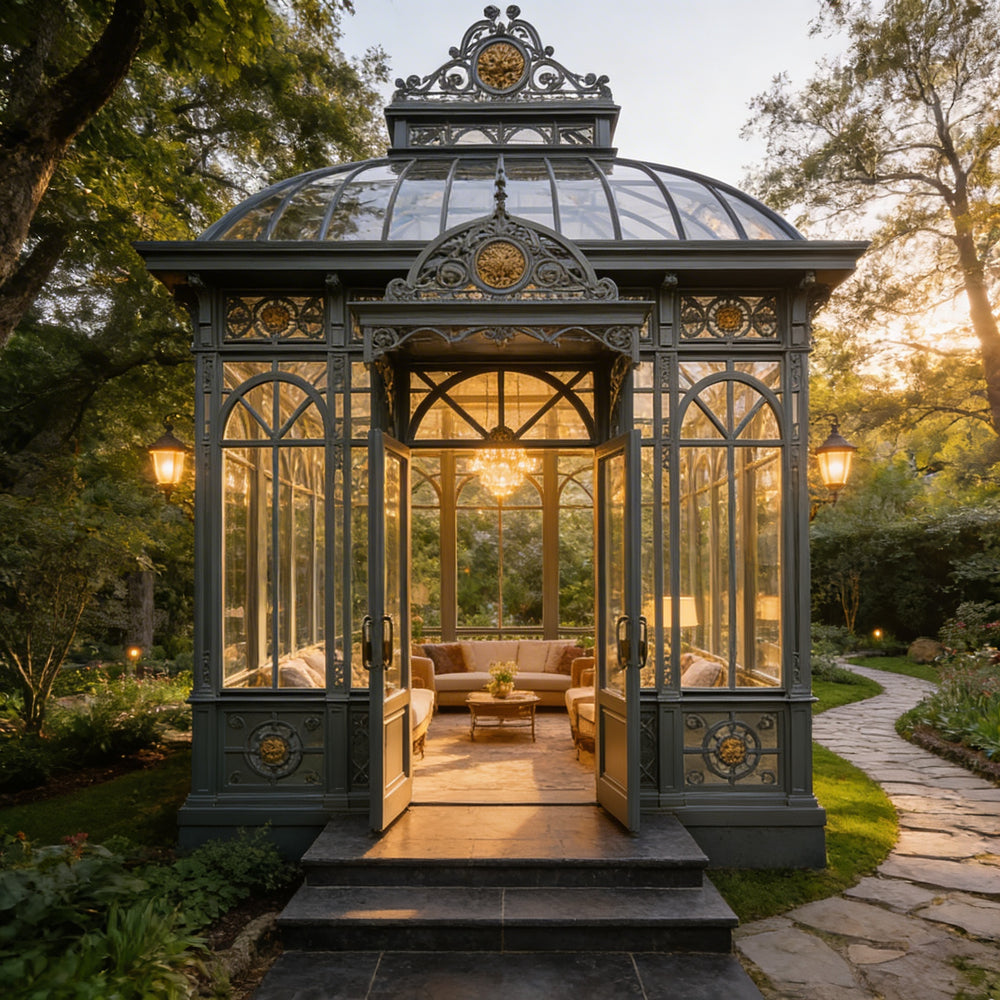 Pitched roof wrought iron garden conservatory with decorative metalwork