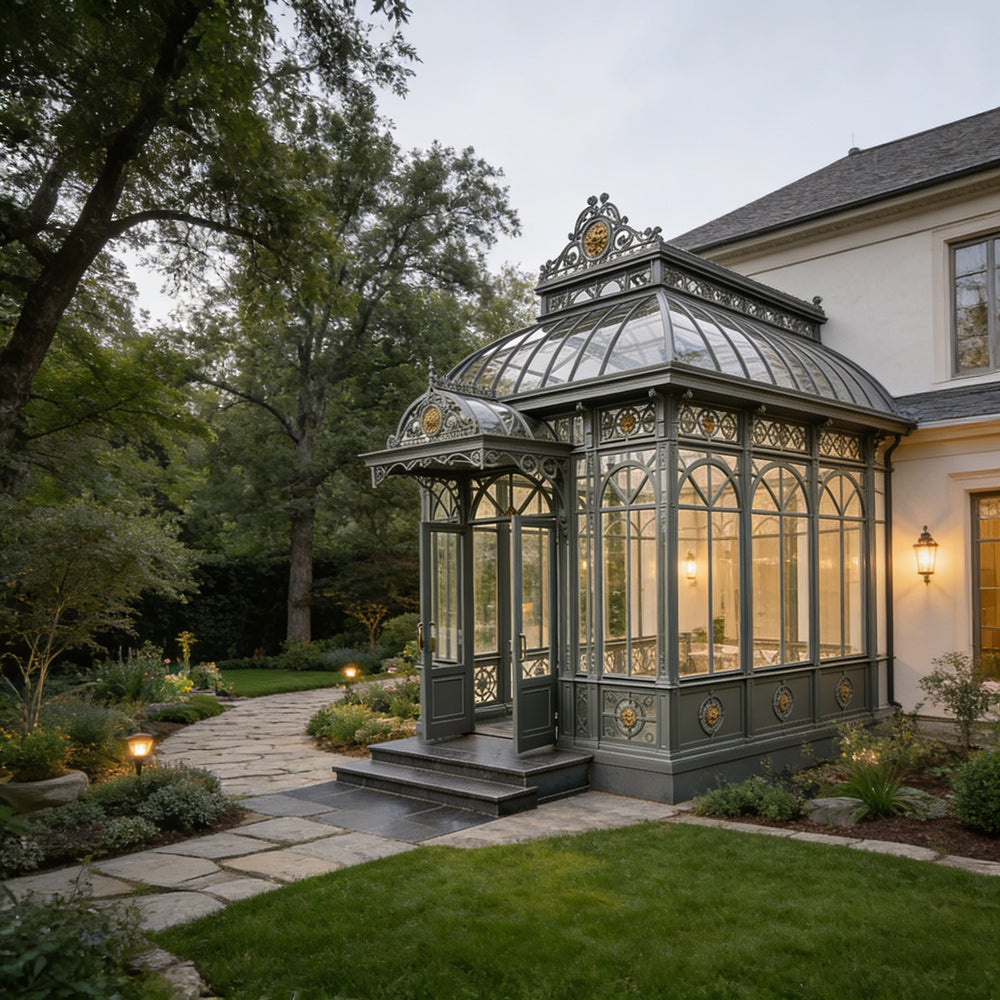 Ornate metal greenhouse structure with floral medallions and arched windows