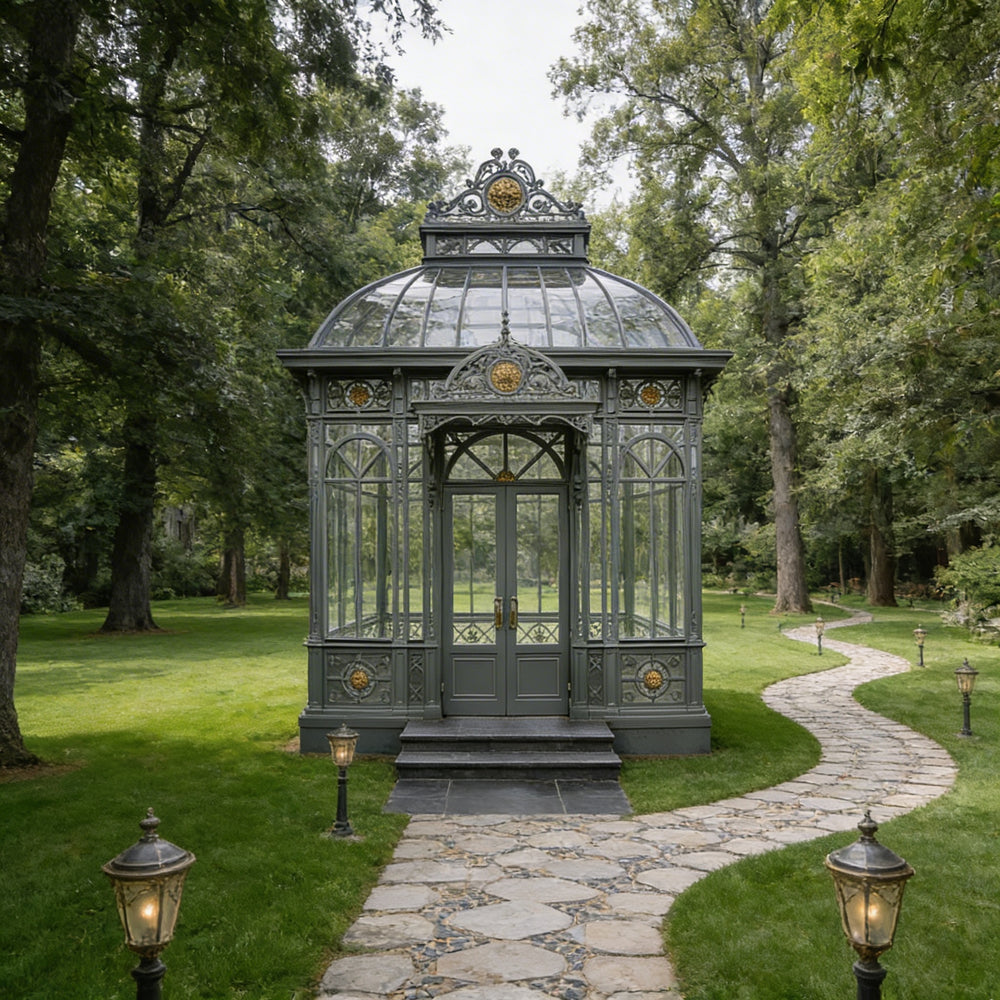 Decorative glass gazebo in a lush garden setting with a stone path leading to it.