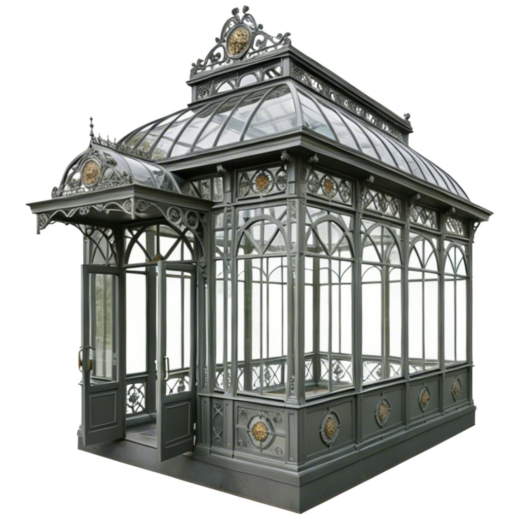 Victorian-style glass greenhouse with intricate metalwork on a white background