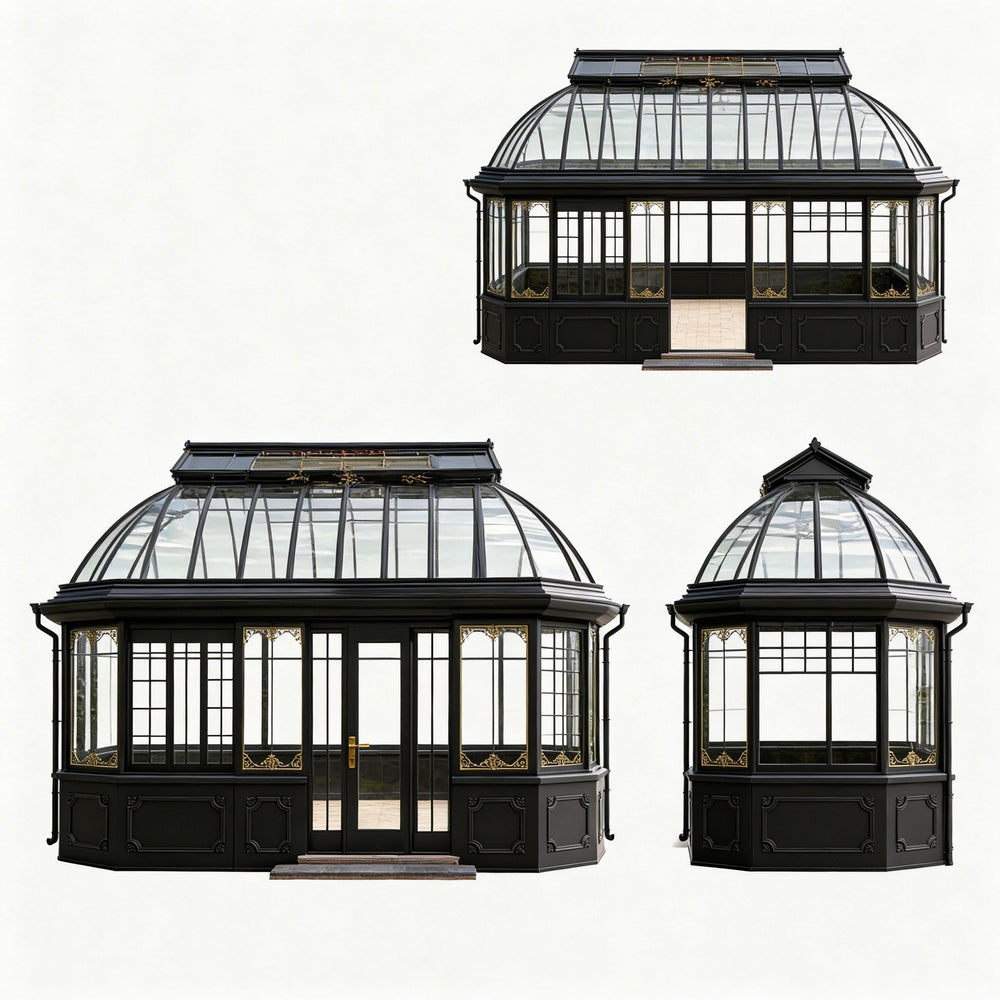Three black glasshouses with domed roofs on a white background