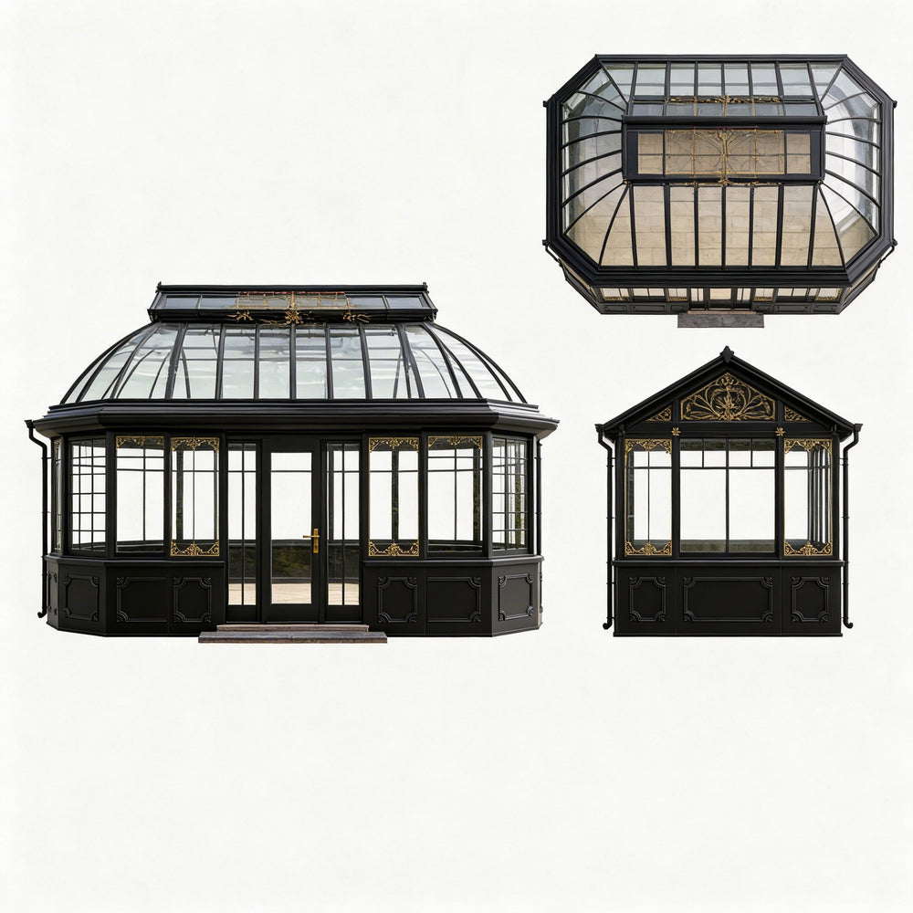 Three ornate glasshouses with black frames on a white background