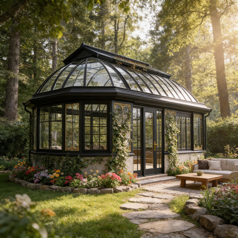 Orangery with glass roof and stone path in a garden setting