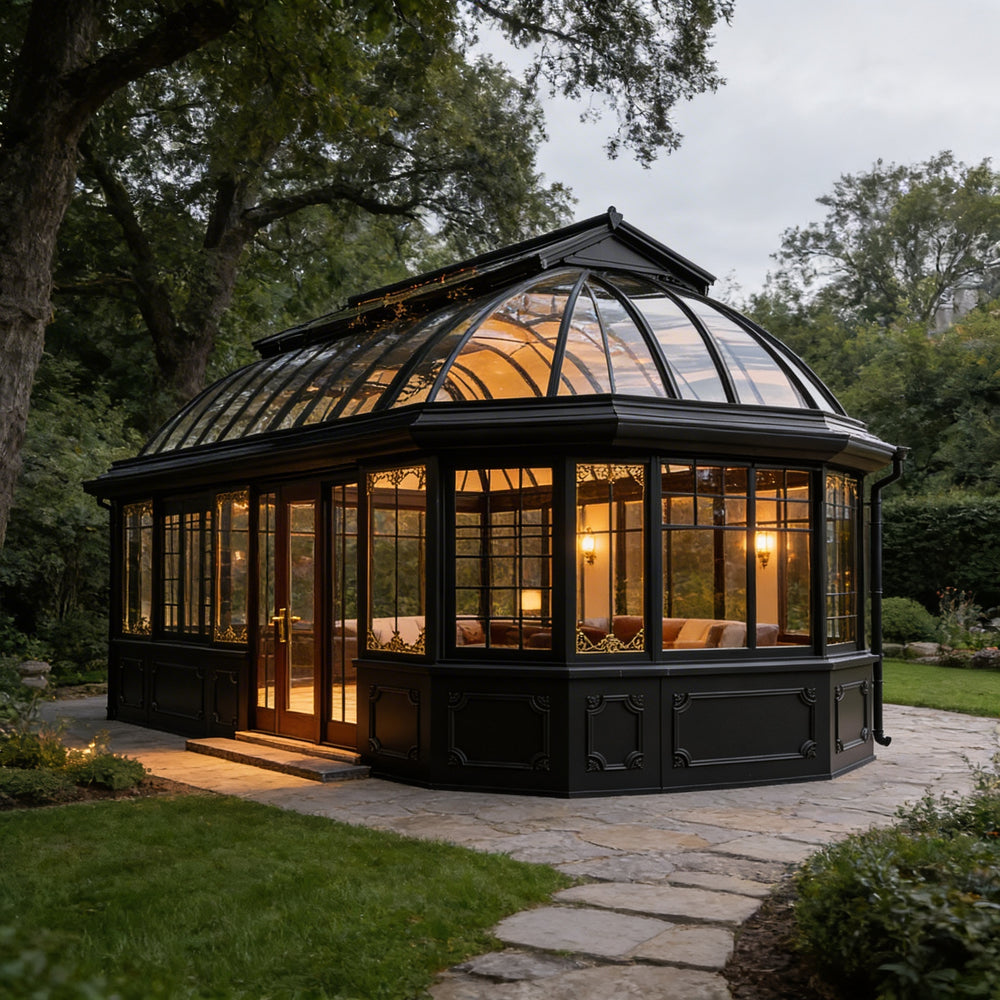Orchard greenhouse with glass walls and a black exterior in a garden setting.