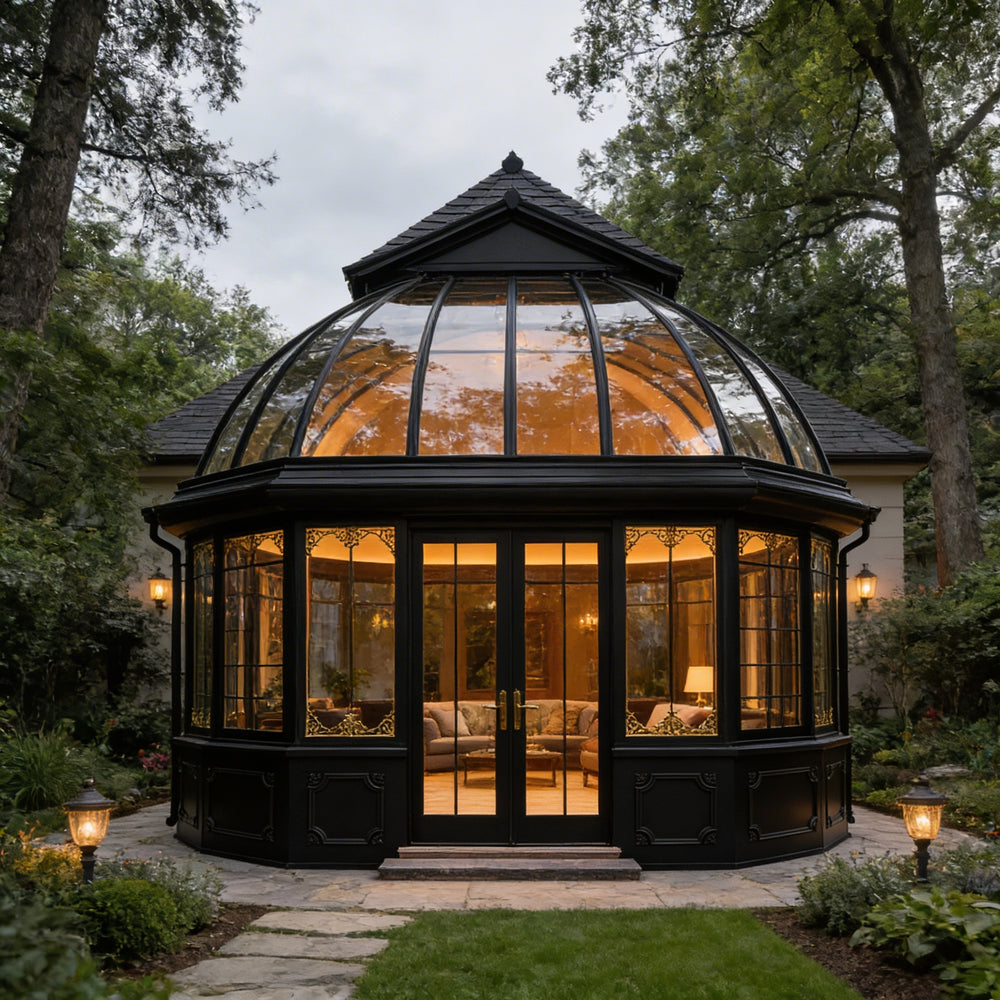 Orangery with glass roof and black exterior in a garden setting