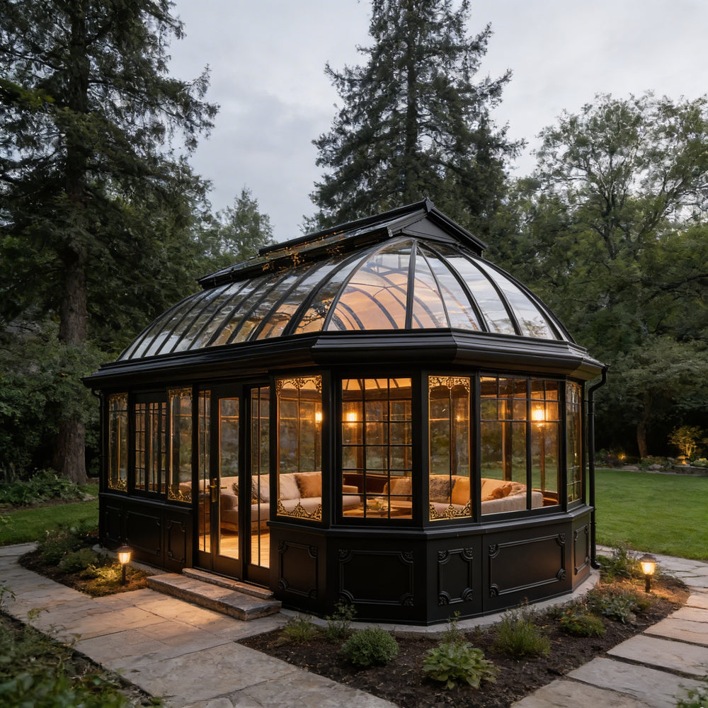 Orchard house with a glass roof in a garden setting