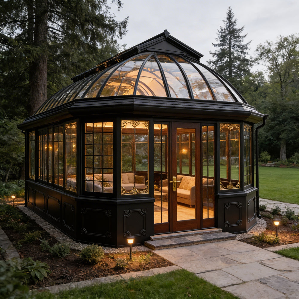 Orangery with glass dome and wooden interior in a garden setting