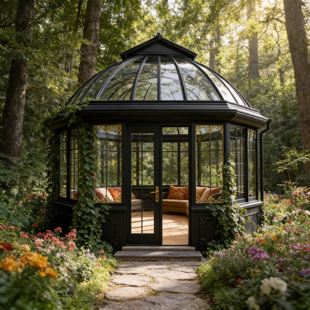 Orangery with glass dome in a garden setting