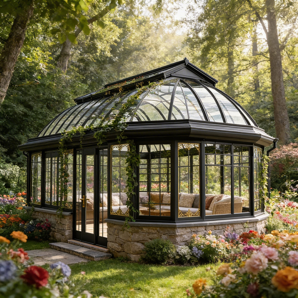 Orchard greenhouse with glass walls and stone foundation surrounded by flowers and trees