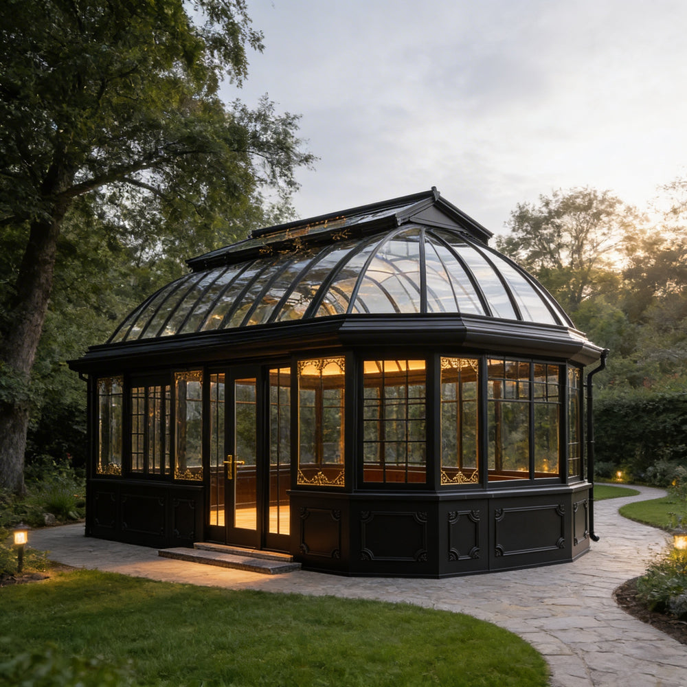 Orangery with a glass roof and black exterior in a garden setting