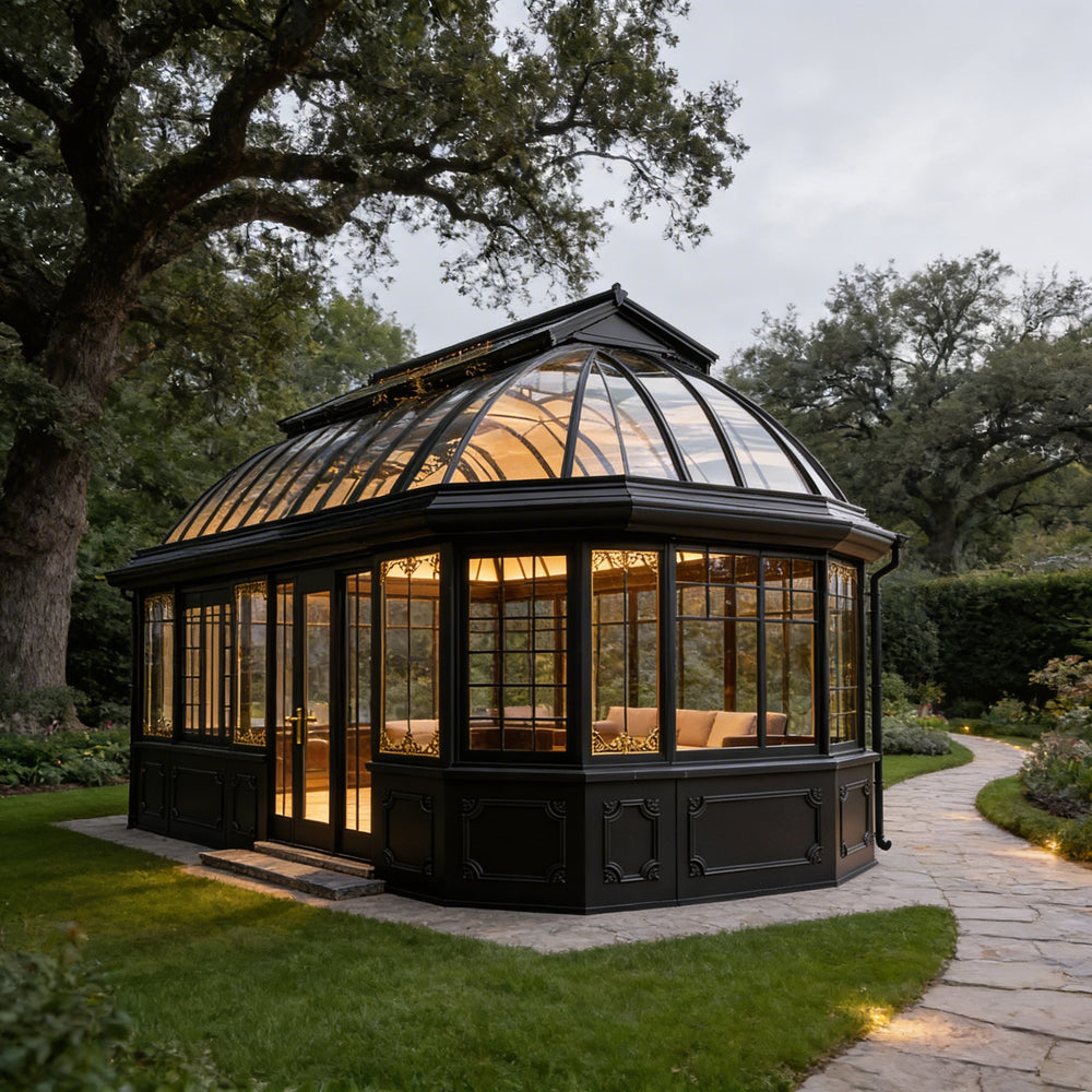 Orangery with glass roof and walls in a garden setting