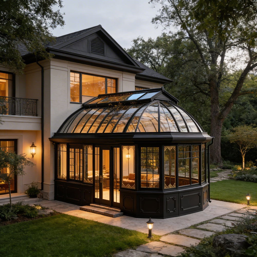 Orangery attached to a house with warm lighting, surrounded by trees and garden.