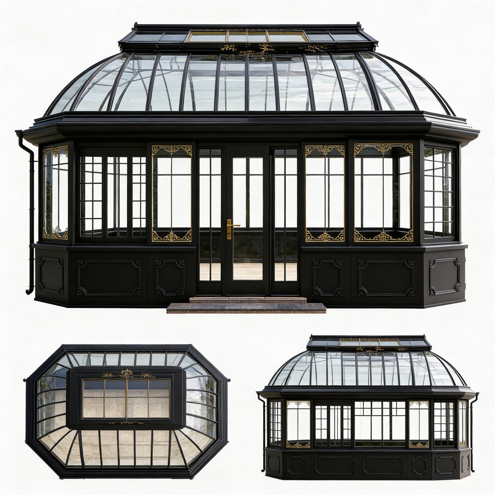 Large black-framed glass conservatory with decorative elements on a white background