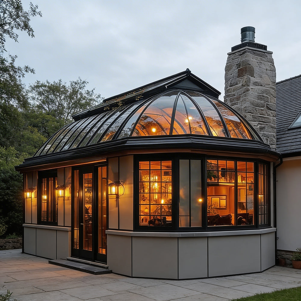 Orangery with glass roof and stone chimney at dusk