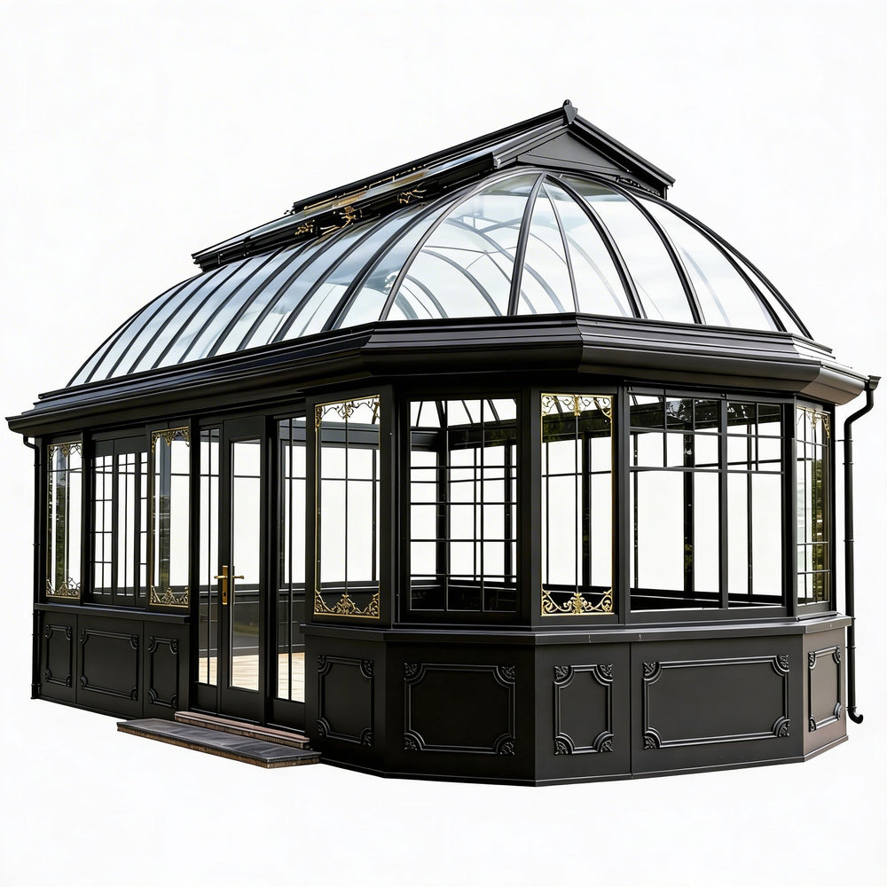 Black-framed octagonal greenhouse with glass roof on a white background