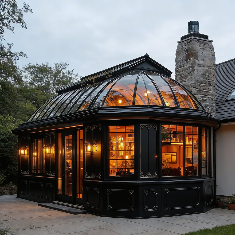 Orangery with a glass roof and stone chimney at dusk