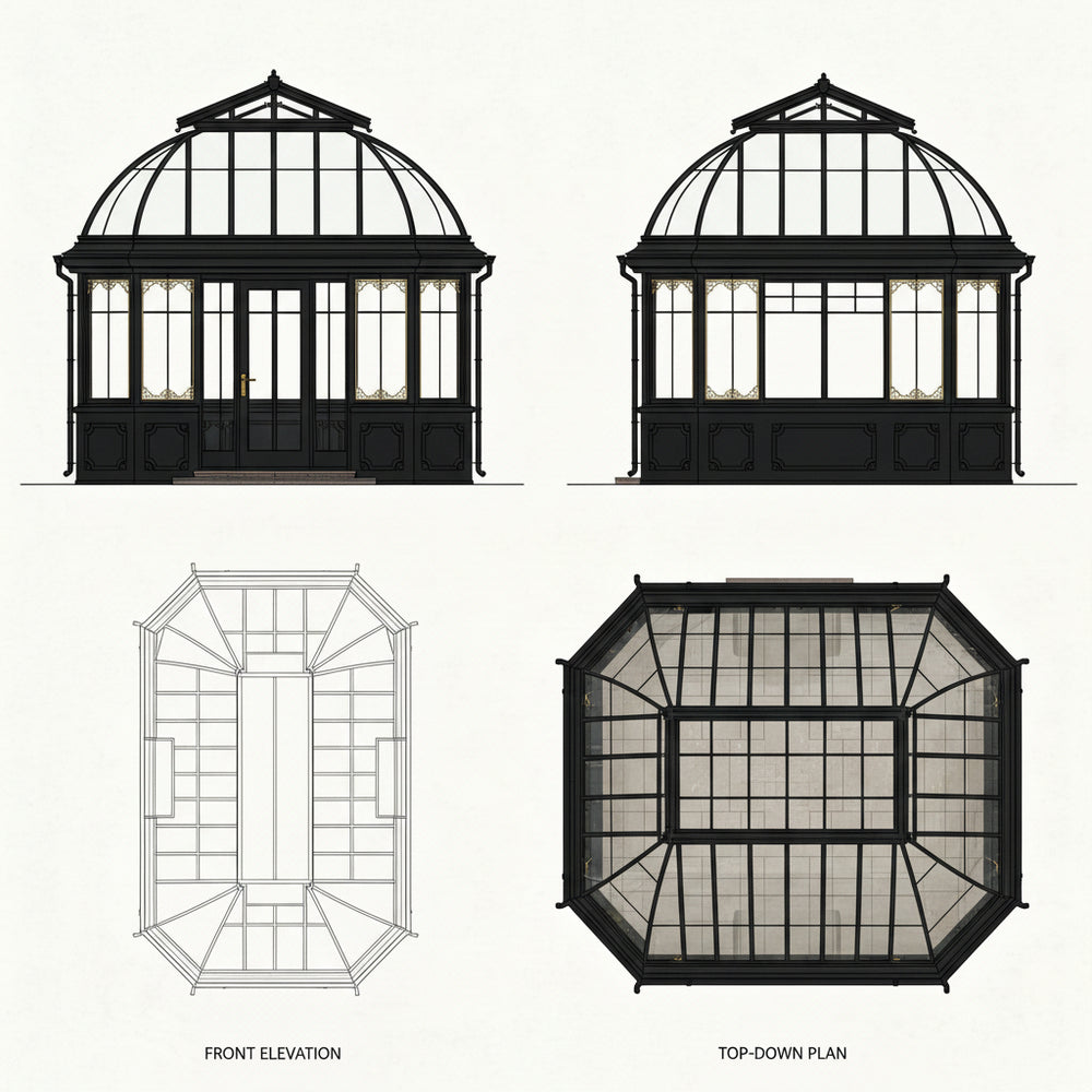 Design plans of a greenhouse with front elevation and top-down plan views.