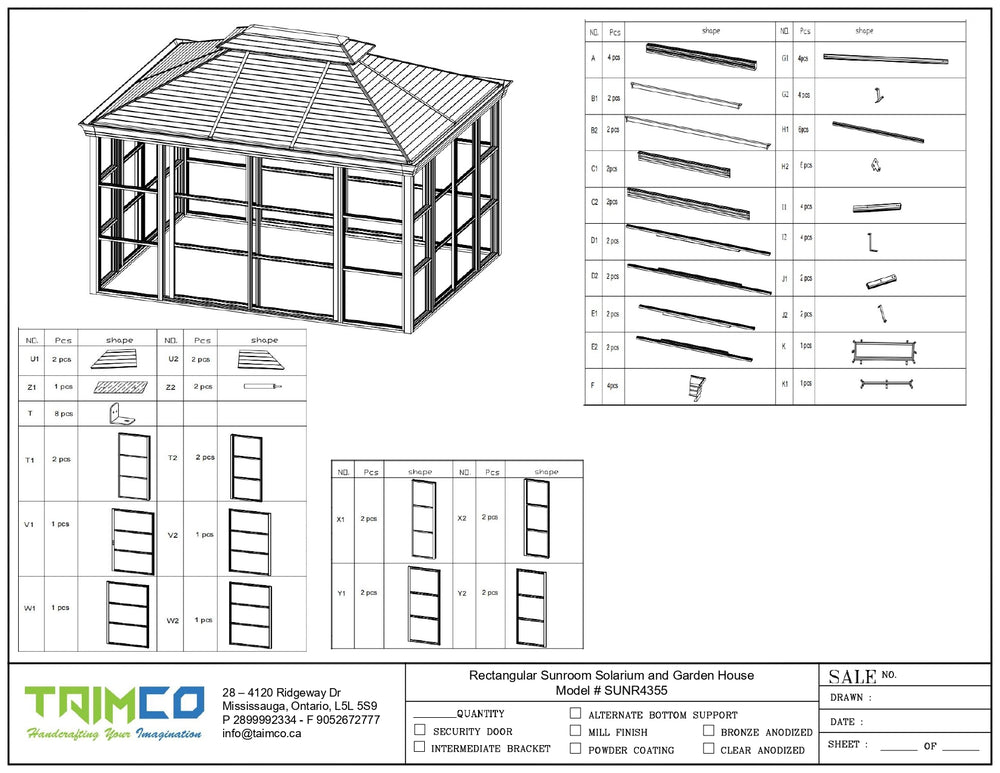 Technical drawing of a garden house with component list and Taimco branding.