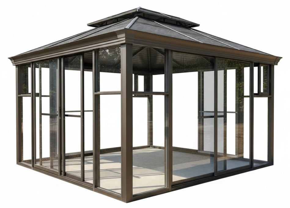 Modern glass pavilion with double‑tier hip roof and sliding doors