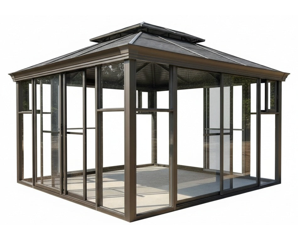Hexagonal greenhouse with glass walls and a brown roof on a white background