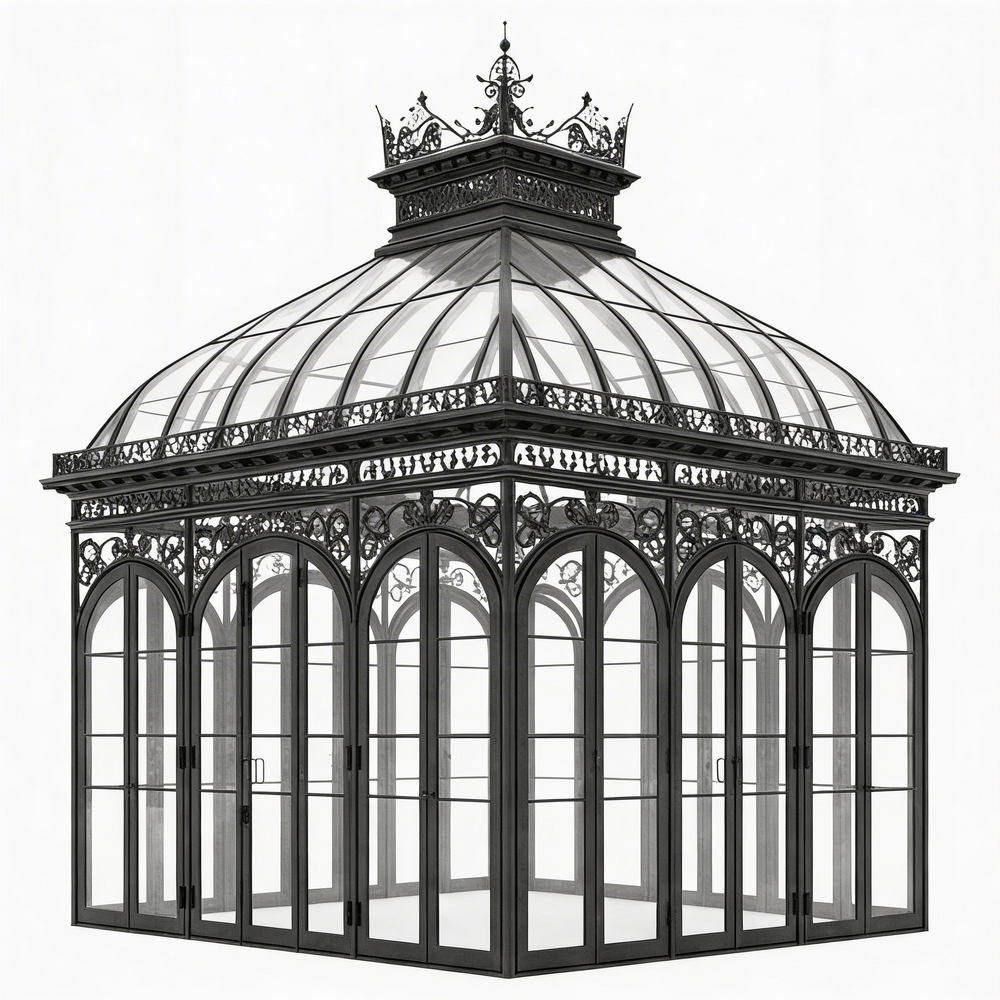 Victorian glass conservatory with crown roof beside luxury pool