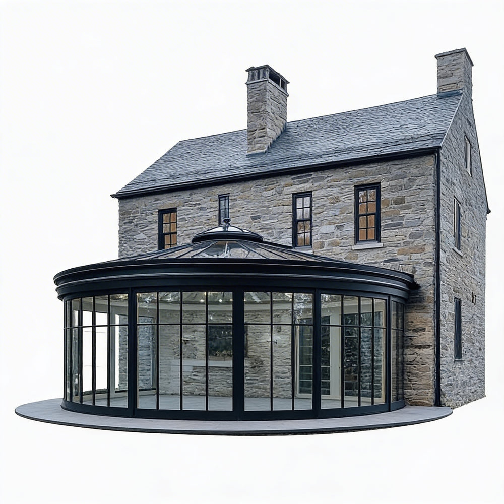 Stone house with a modern glass extension on a white background