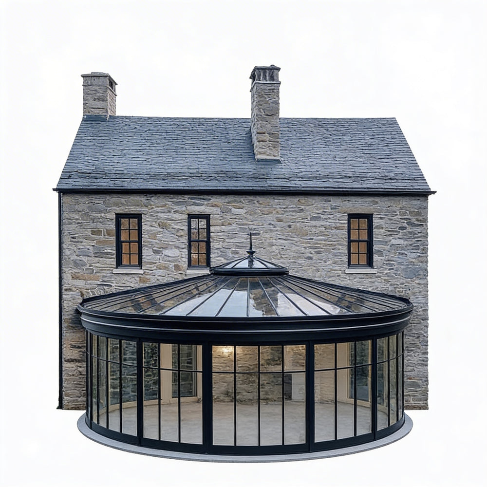 Stone house with a large glass orangery extension on a white background