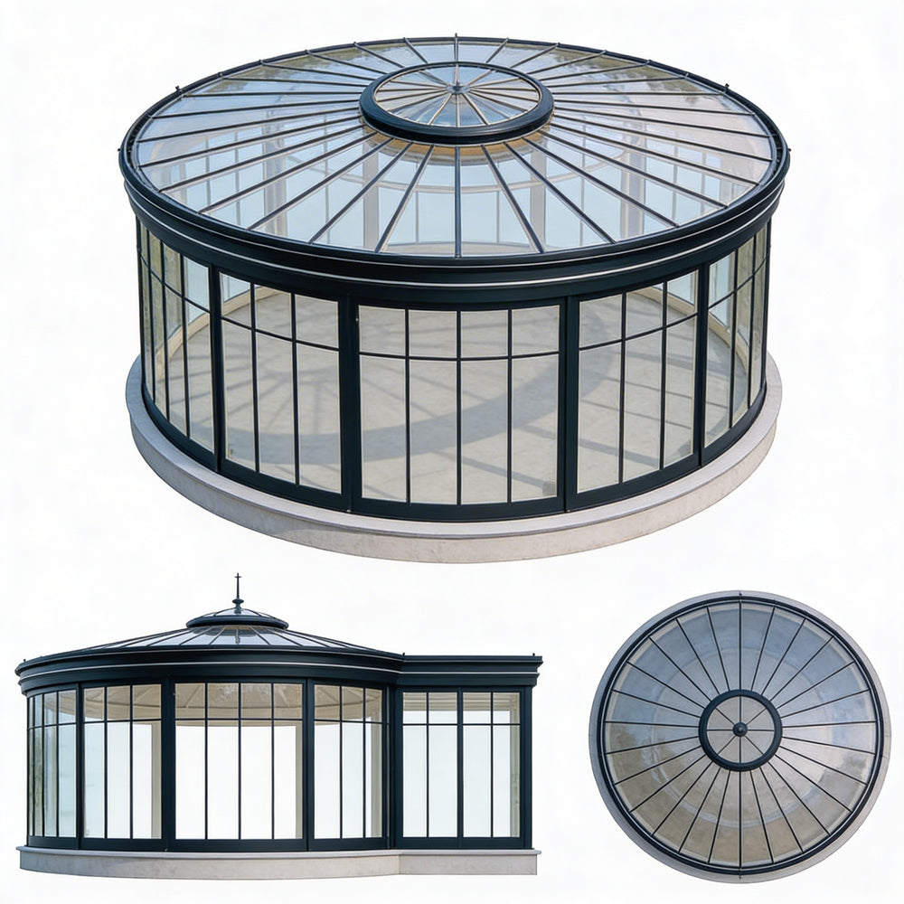 Round glass conservatory with a central dome on a white background