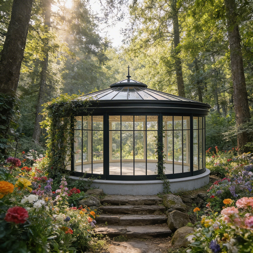 Gazebo surrounded by flowers and trees in a garden setting