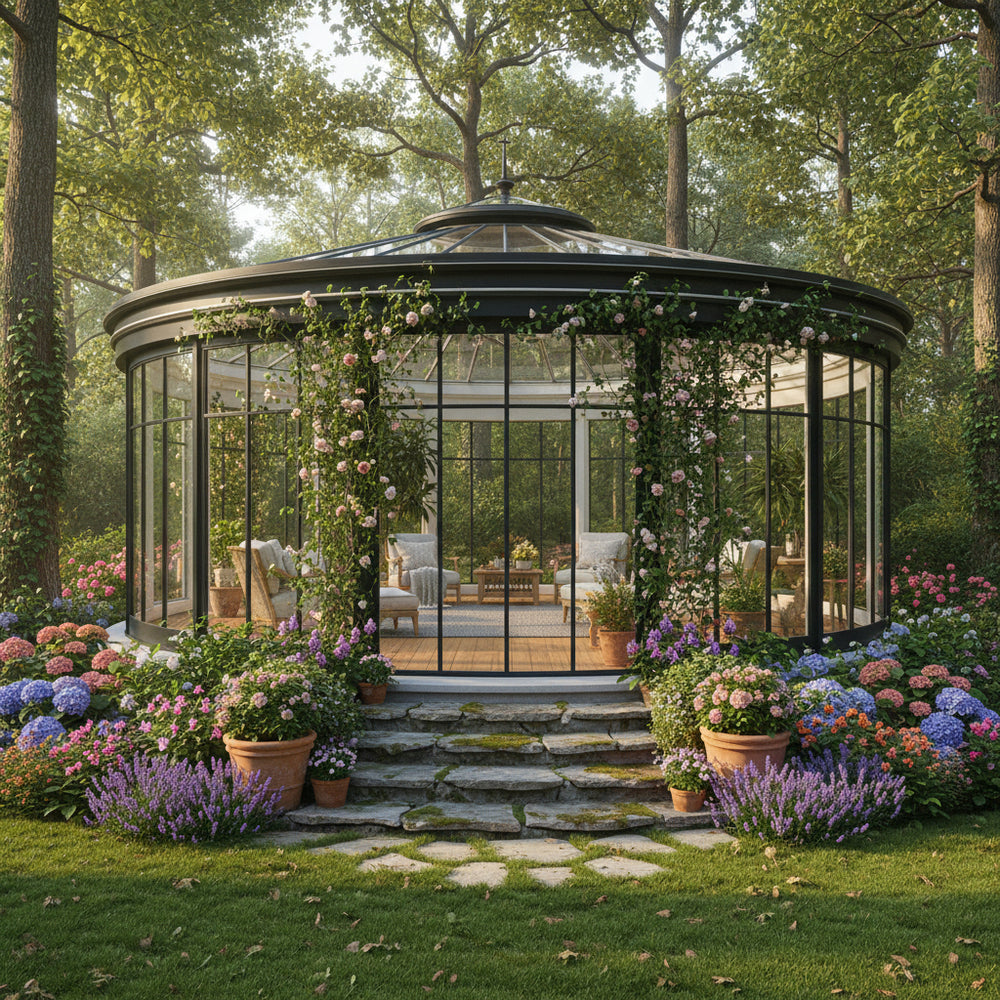 Orchard-style glasshouse with floral decorations in a garden setting
