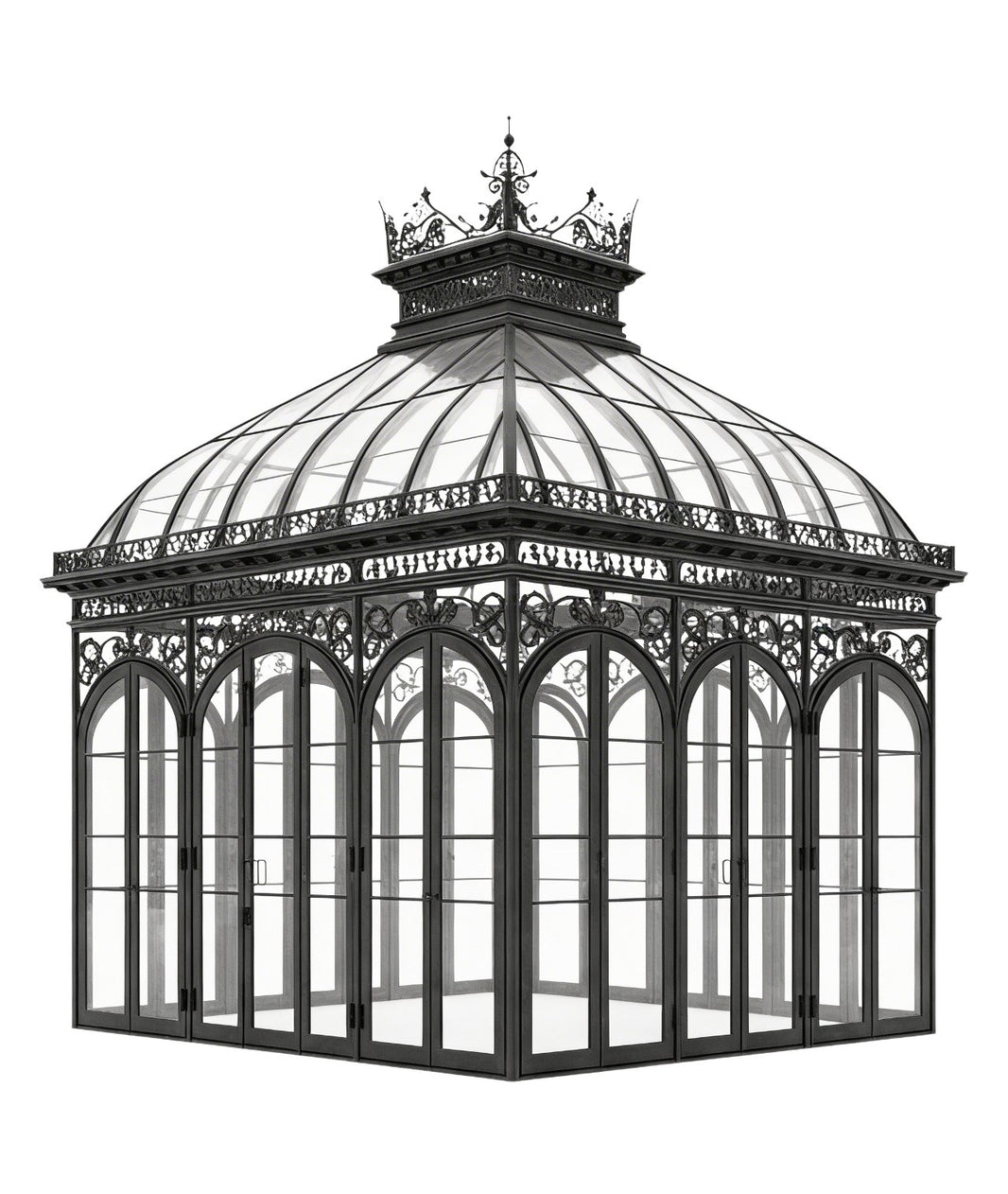 Victorian Glass Garden Conservatory | Luxury Freestanding Wrought‑Iron Pavilion with Crown Roof & Arched Windows Model # SUNR4365