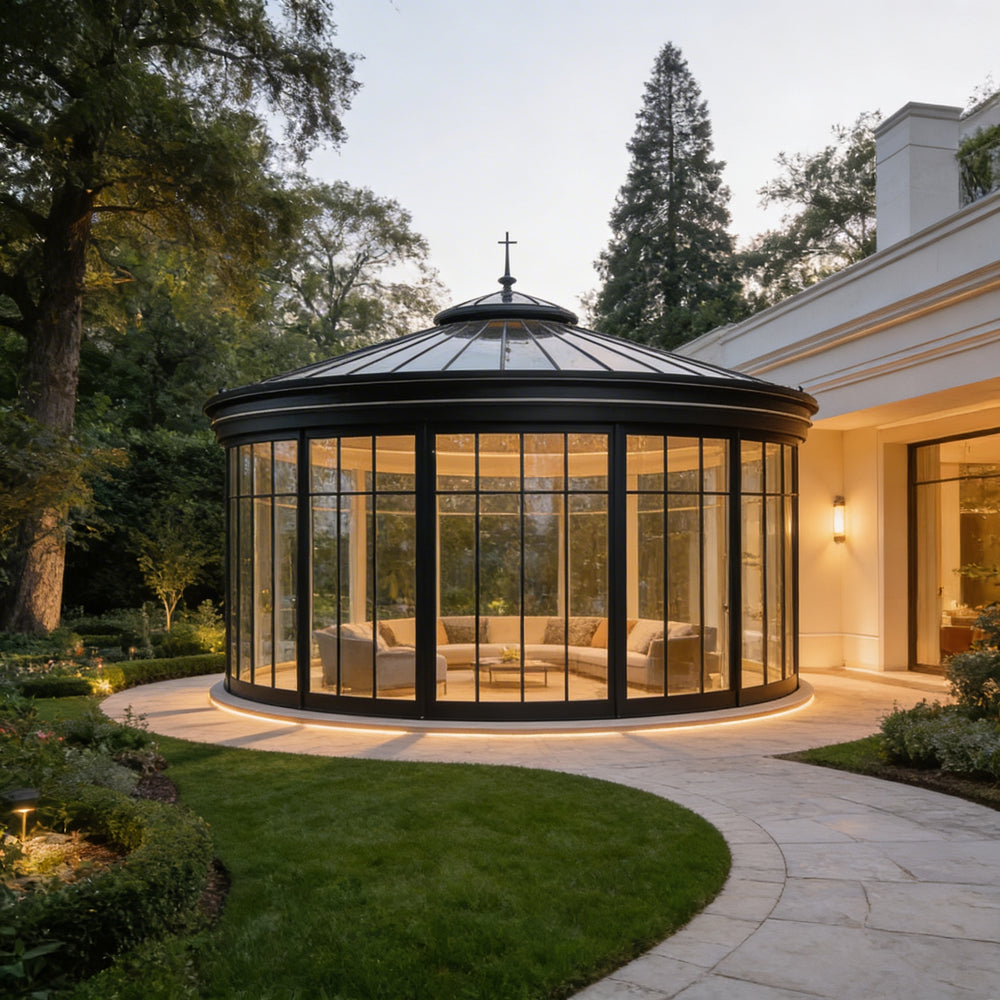 Contemporary circular garden pavilion with raised roof crown