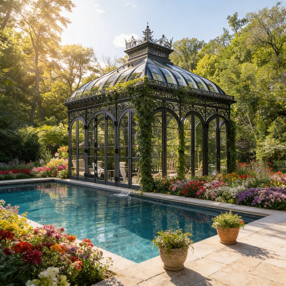 Glass garden pavilion with ornate metal framing and pool reflection