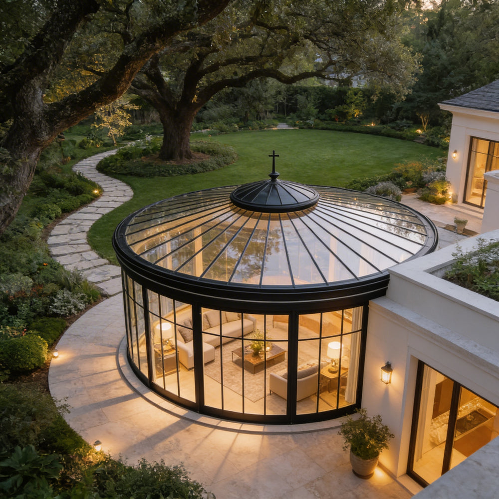 Panoramic glass pavilion with conical roof structure