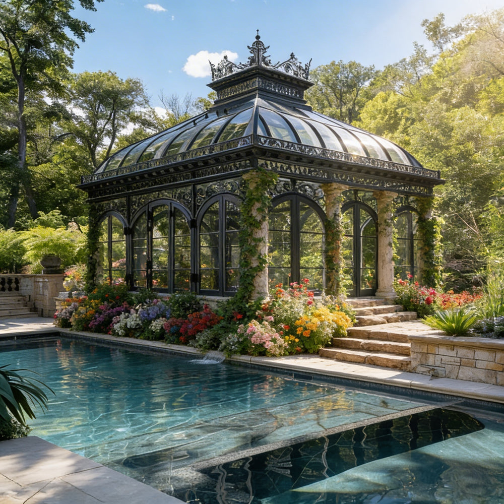 Ornate gazebo by a pool with flowers and trees in the background