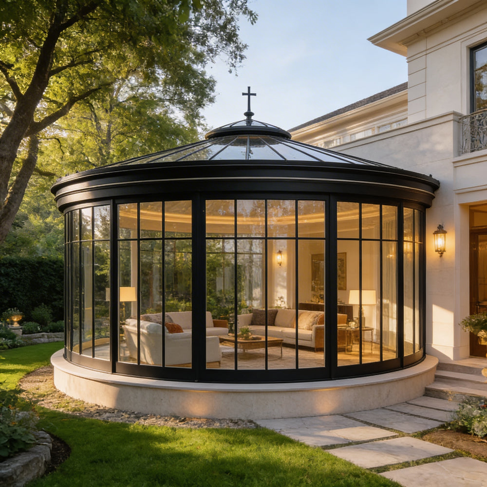 Architectural glass pavilion with metal framing and finial