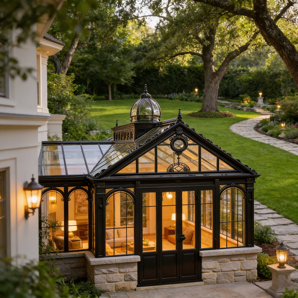 Orangery attached to a house with warm interior lighting, surrounded by greenery.