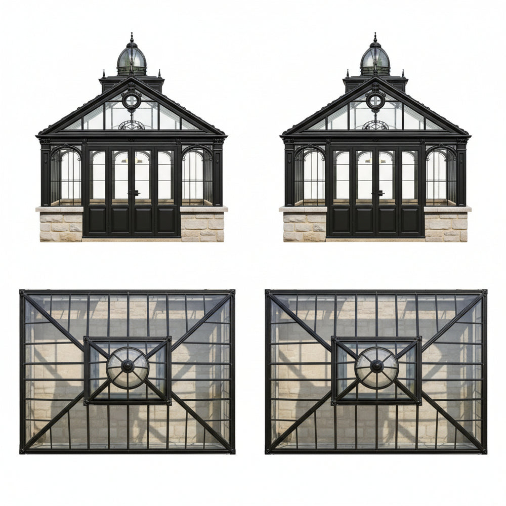 Two identical images of a black-framed glasshouse with stone base on a white background.