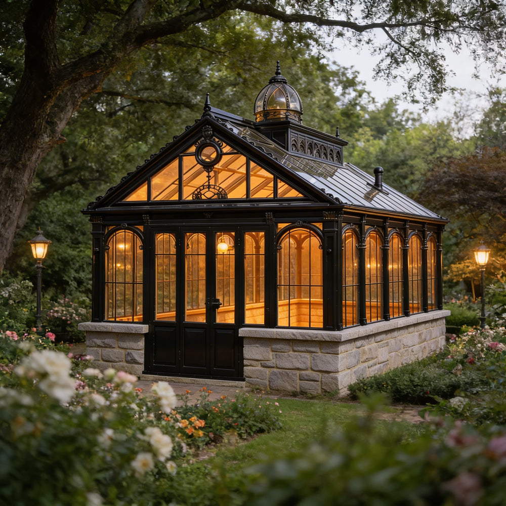 Orchard house with warm lighting surrounded by flowers and trees