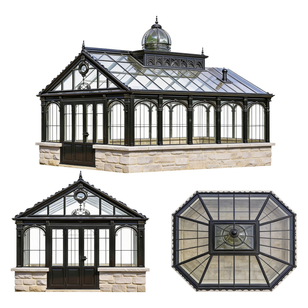 Three images of a stone building with glass roof and dome on a white background