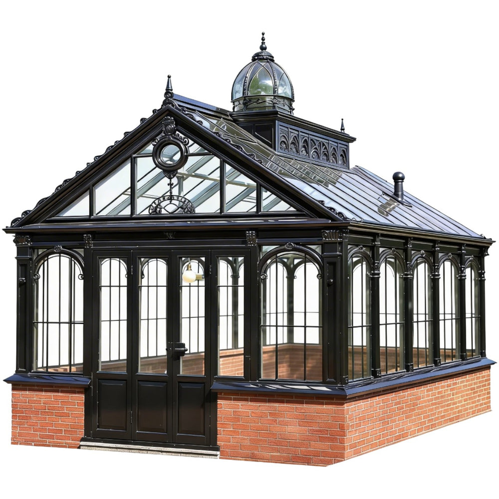 Victorian-style glasshouse with black frame and brick base on a white background