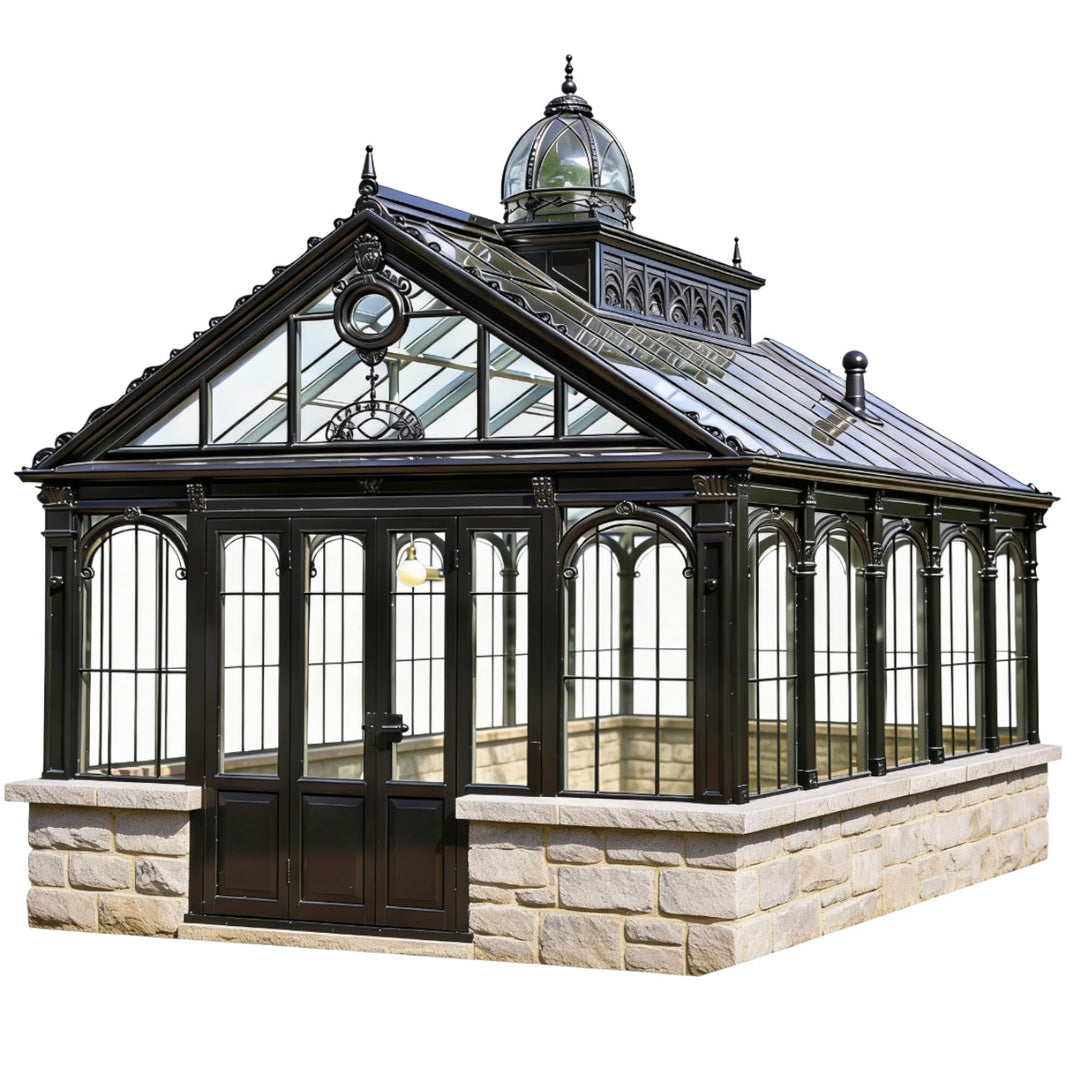 Ornate glasshouse with stone foundation on a white background
