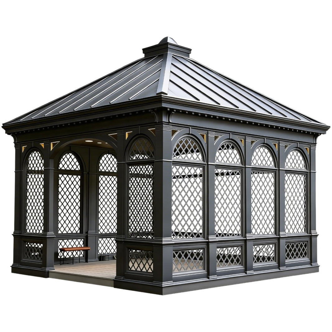 Decorative octagonal gazebo with lattice windows on a white background