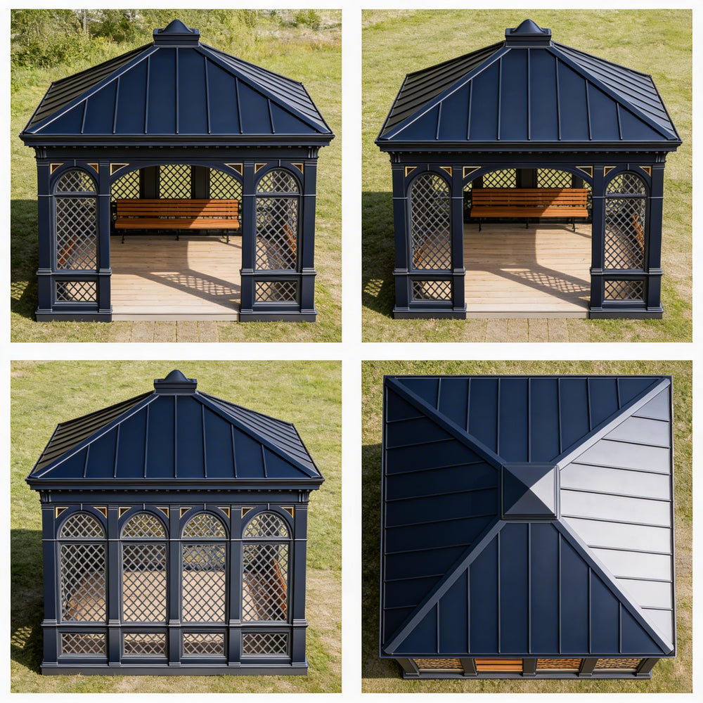 Collage of a dark blue gazebo with wooden benches on a grassy background