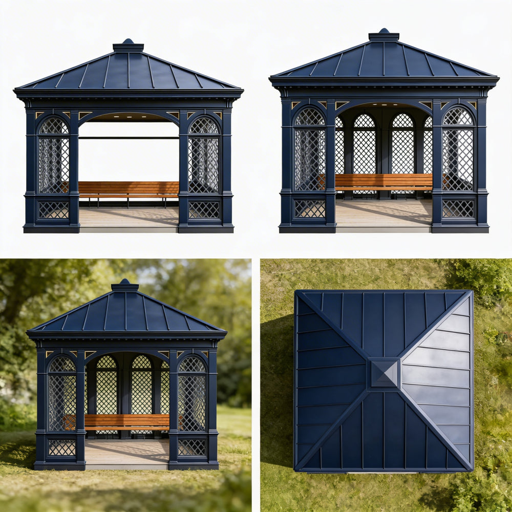 Gazebo with wooden bench and lattice design, shown from different angles.
