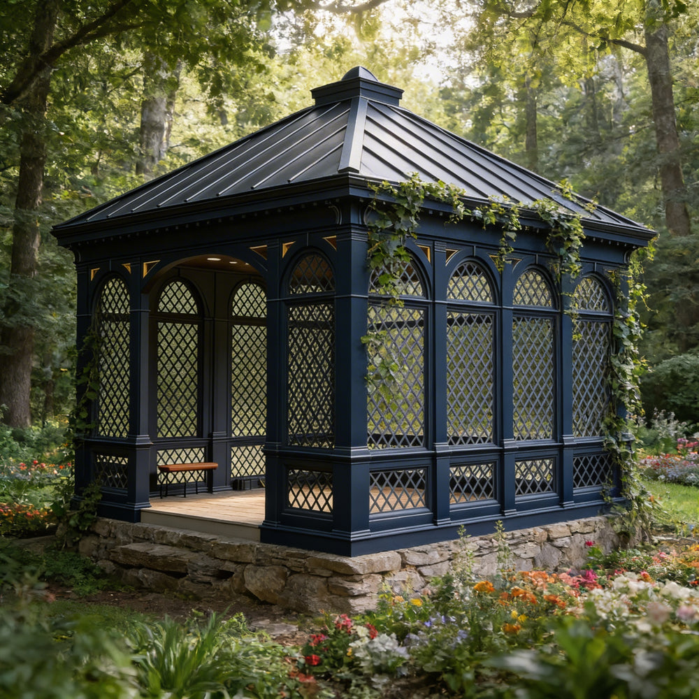 Blue gazebo in a garden setting with trees and flowers