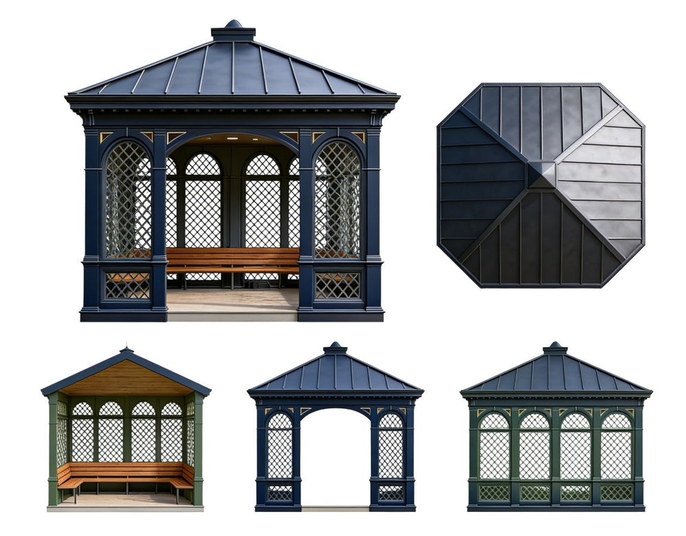Collection of garden pavilions with different roof designs on a white background