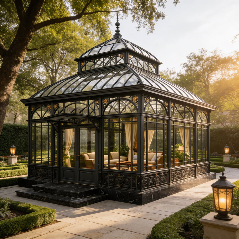 Orchard house with glass roof in a garden setting