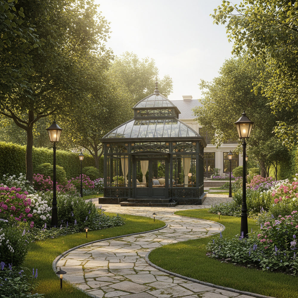 Gazebo in a lush garden with flowers and a stone path