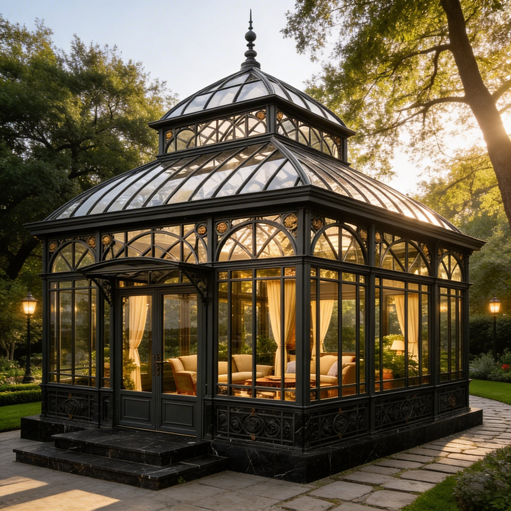 Ornate glasshouse in a garden setting with trees and sunlight